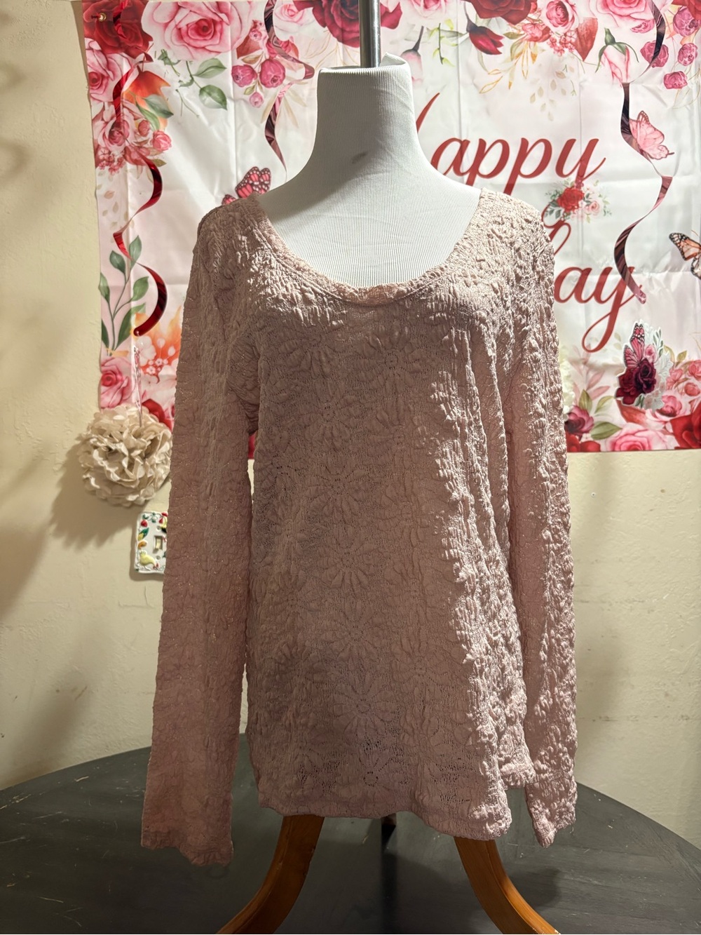 LOFT Dusty Rose Lace-Textured Long Sleeve Top